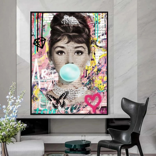 Blowing Bubbles: Audrey Hepburn Canvas Wall Art-GraffitiWallArt