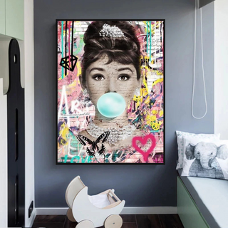 Blowing Bubbles: Audrey Hepburn Canvas Wall Art-GraffitiWallArt