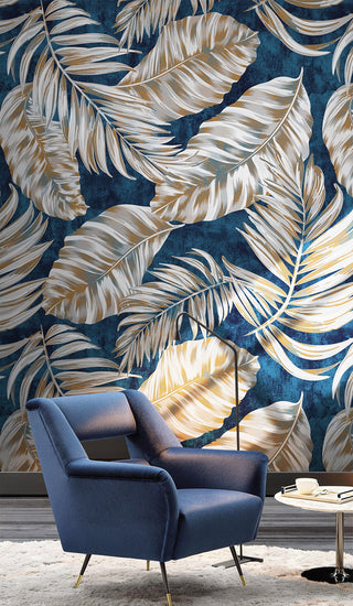 Blue Blushing Leaves Pattern Wallpaper Mural-GraffitiWallArt