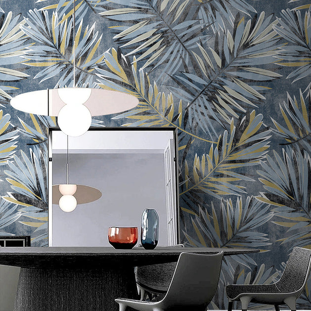 Blue Era Leaves Wallpaper Mural-GraffitiWallArt