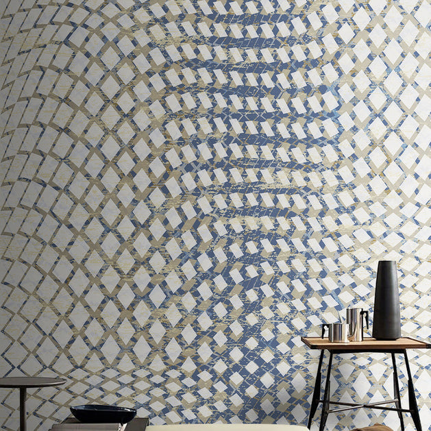 Blue Geometric Waves Wallpaper Mural - GraffitiWallArt