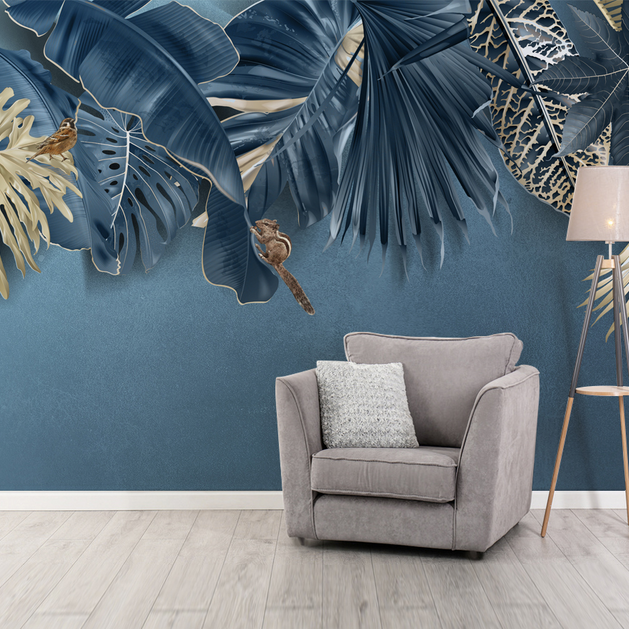 Blue Leafs Theme - Tropical Wallpaper Murals-GraffitiWallArt