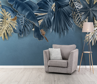 Blue Leafs Theme - Tropical Wallpaper Murals-GraffitiWallArt