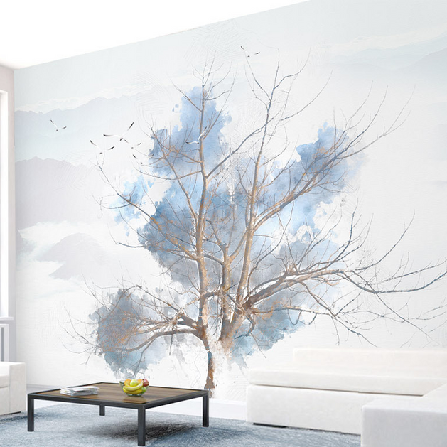 Blue Tree Sketch Wallpaper Murals-GraffitiWallArt