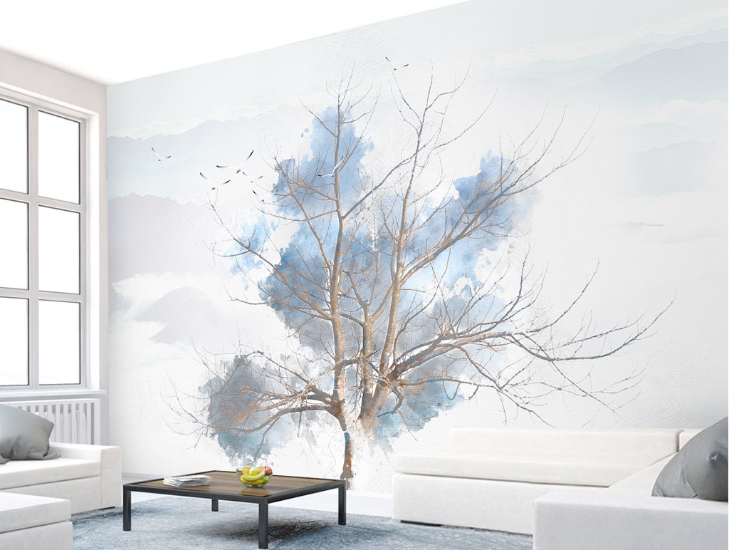 Blue Tree Sketch Wallpaper Murals-GraffitiWallArt