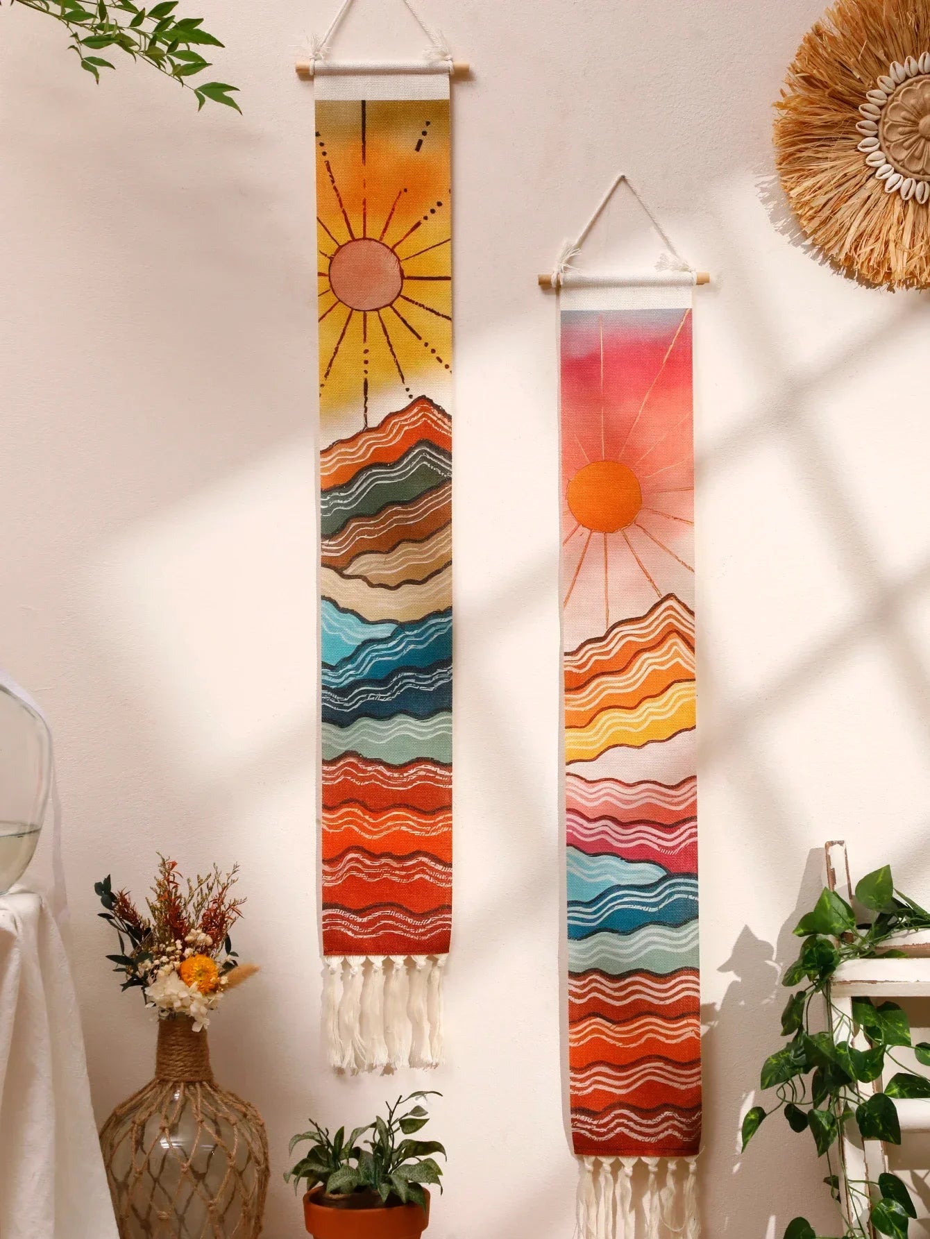 Bohemian Hand Woven Sun and Moon Cactus Tassel Macrame-GraffitiWallArt