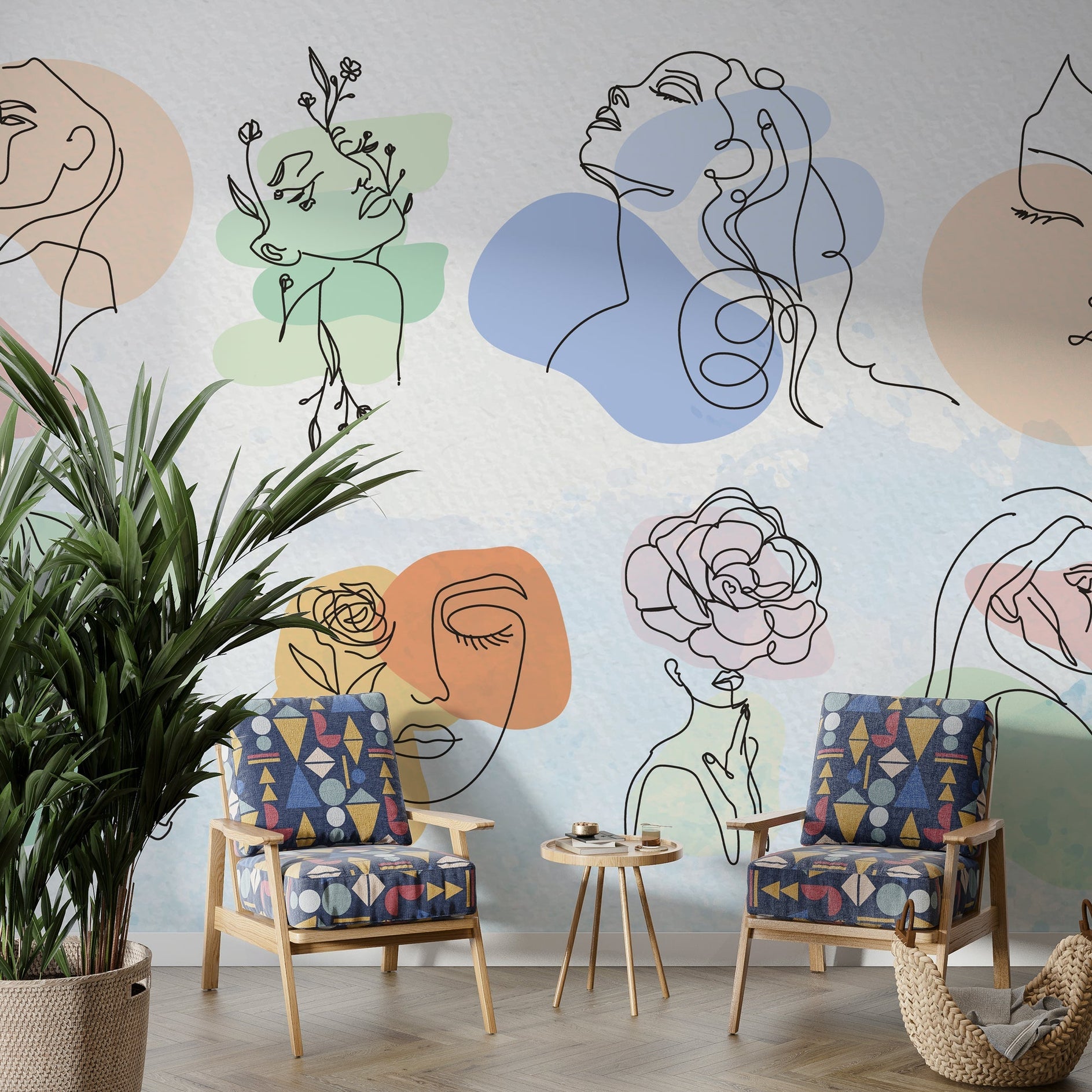 Boho Matisse Line Art Wallpaper Mural - Unique Design-GraffitiWallArt