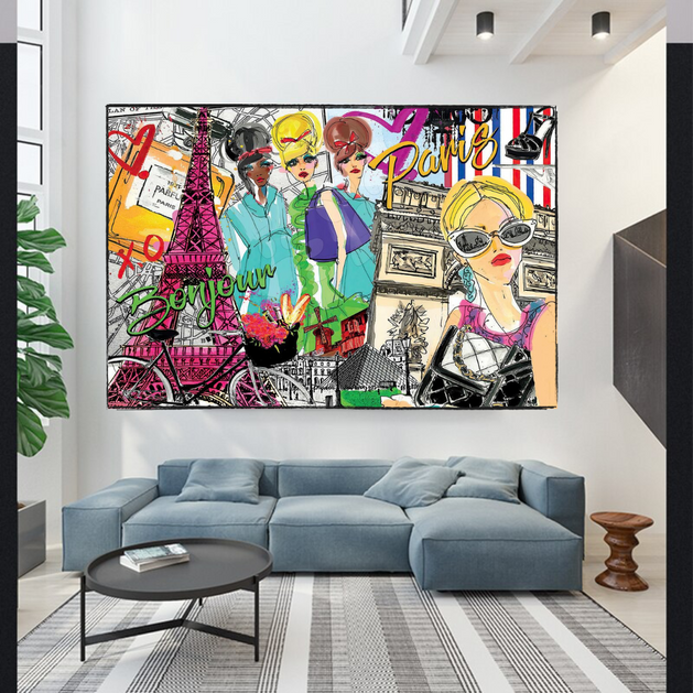 Bonjour Paris Love Canvas Wall Art-GraffitiWallArt