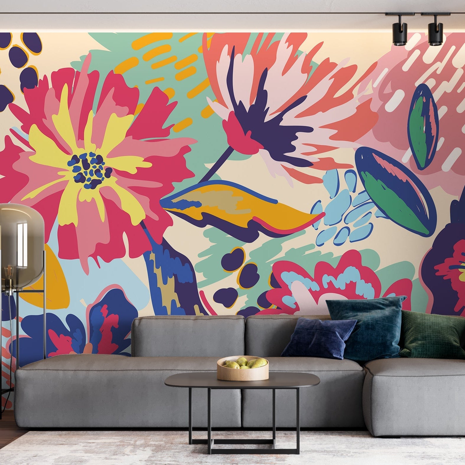 Bright Blossom Flowers: Living Room Wallpaper Mural-GraffitiWallArt