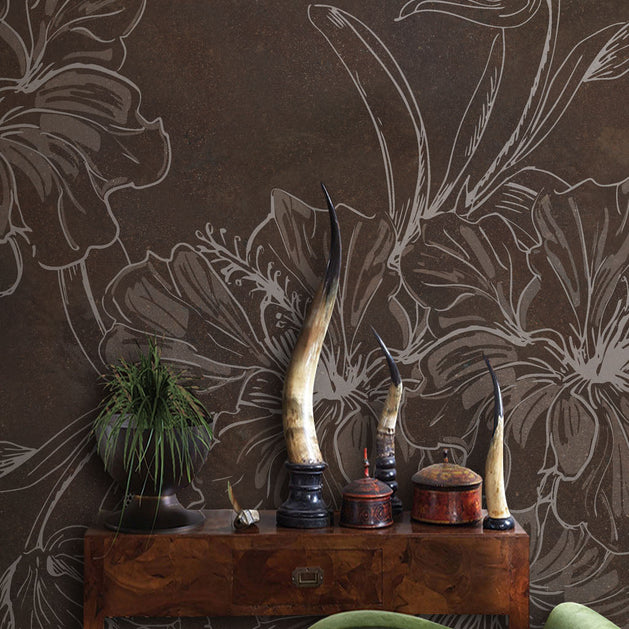 Brown Floral Sketch Wallpaper Mural-GraffitiWallArt