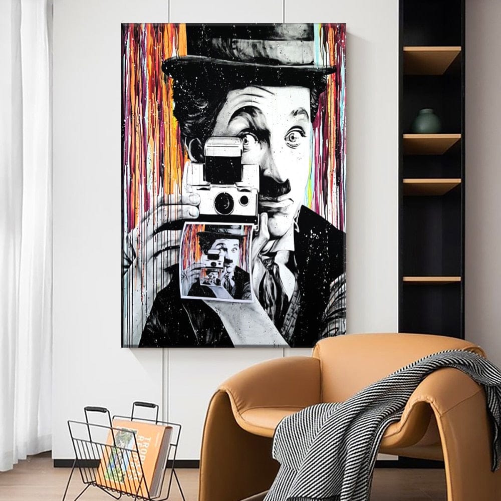 Charlie Chaplin with Camera Canvas Wall Art-GraffitiWallArt