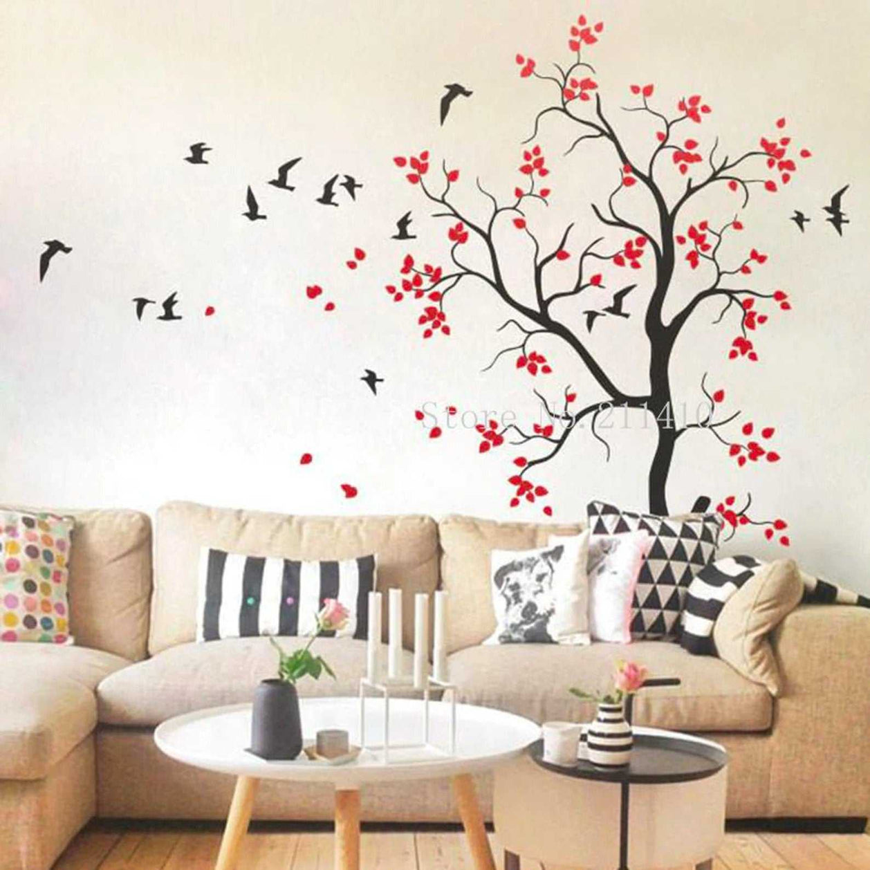 ChooLarge Tree Wall Sticker with Flying Birds - Living Room Wall Decal-GraffitiWallArt