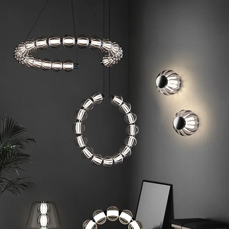 Circular Ring Chrome LED Pearl Chandelier-GraffitiWallArt