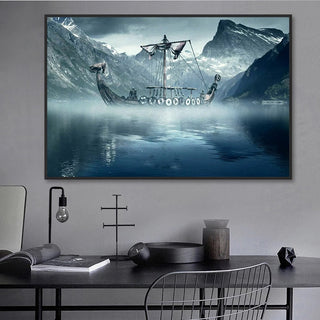 Cold North Sea Viking Long Ship Canvas Wall Art-GraffitiWallArt