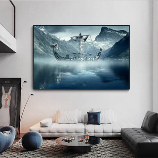 Cold North Sea Viking Long Ship Canvas Wall Art-GraffitiWallArt