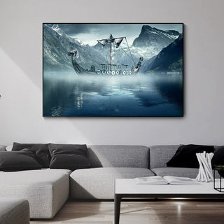 Cold North Sea Viking Long Ship Canvas Wall Art-GraffitiWallArt