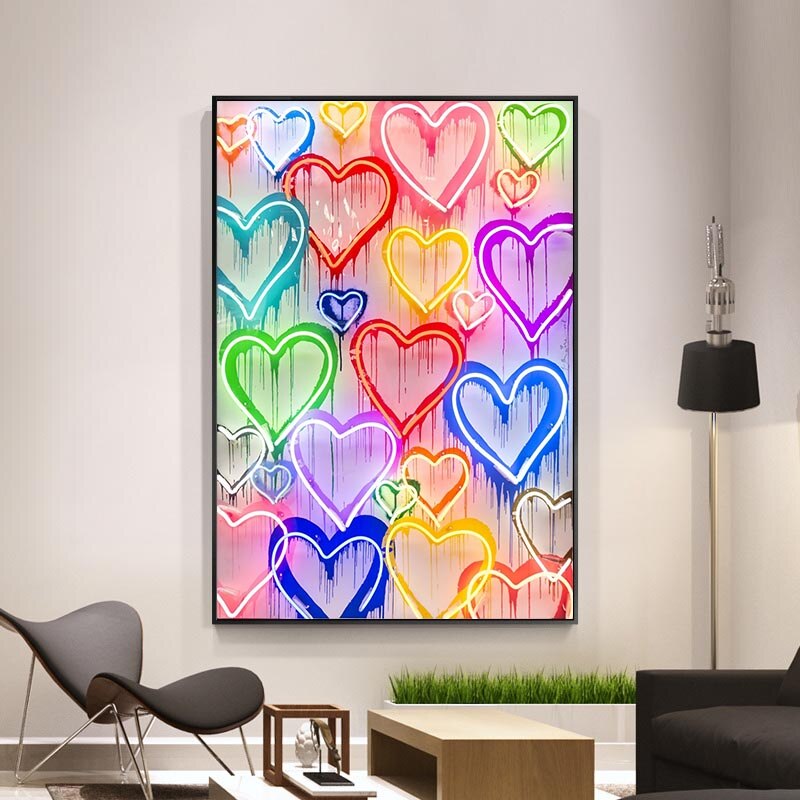 Colourful Love Hearts Canvas Wall Art-GraffitiWallArt