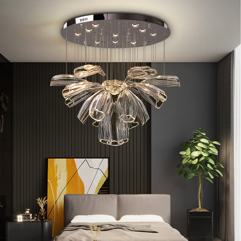 Crystal Glass Petals Chandelier: Elegant Lighting Fixtures-GraffitiWallArt