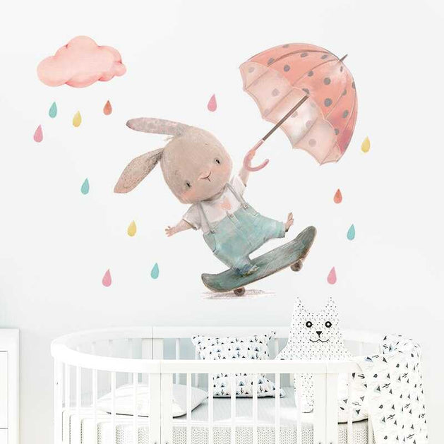 Cute Bunny Boy on Skateboard with Umbrella Wall Stickers-GraffitiWallArt