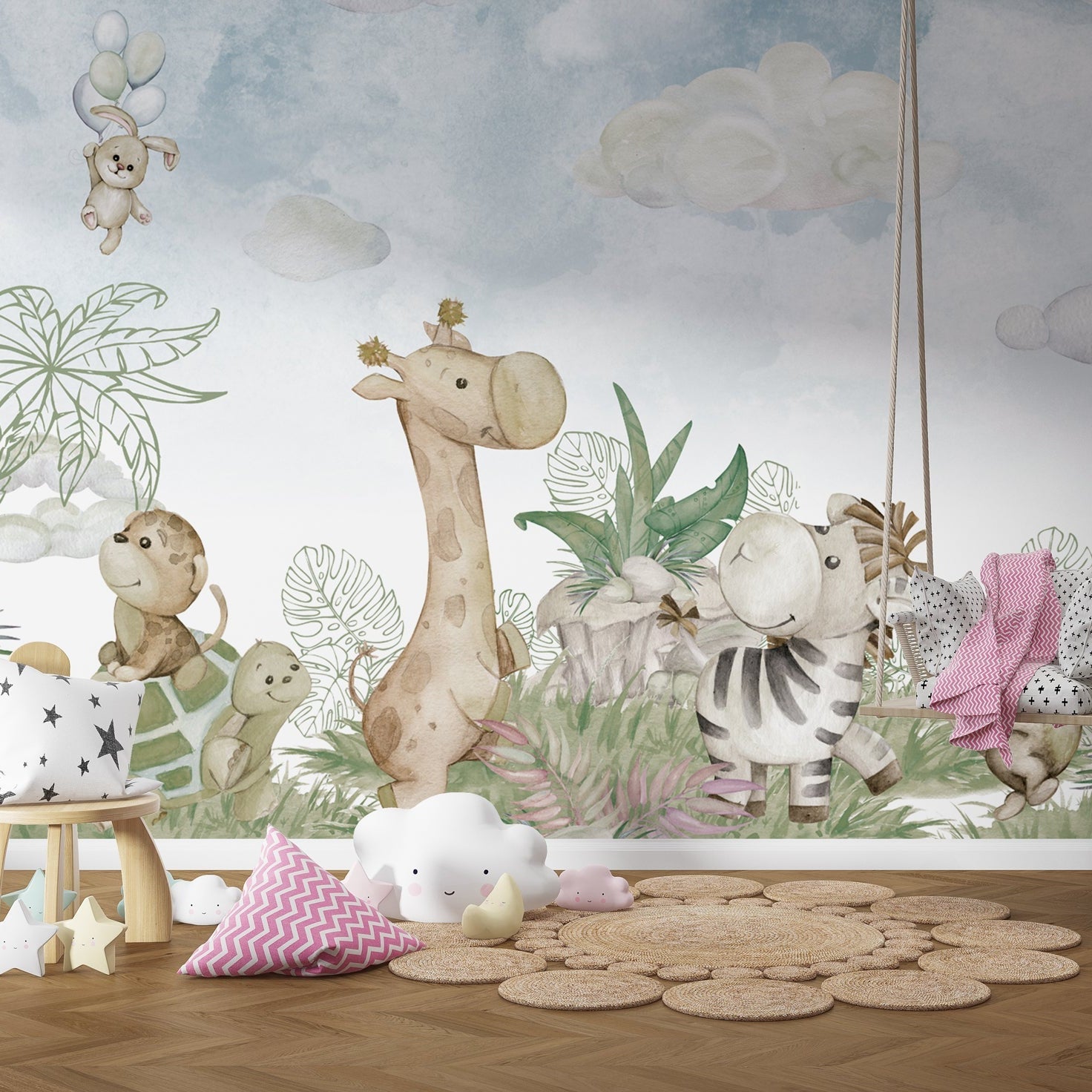 Cute Jungle Safari - Baby Room Wallpaper Mural-GraffitiWallArt