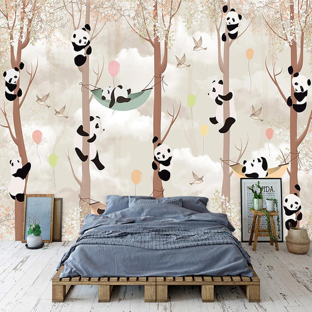 Cute Pandas Hanging on Trees in Forest Nursery Wallpaper-GraffitiWallArt