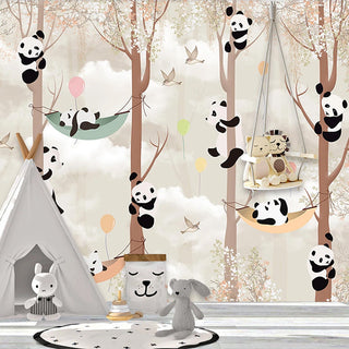 Cute Pandas Hanging on Trees in Forest Nursery Wallpaper-GraffitiWallArt