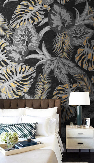 Dark Night Leaves Wallpaper Mural-GraffitiWallArt