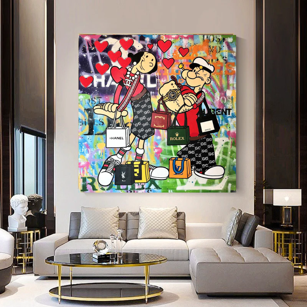 Disney Popeye and Girlfriend Graffiti Canvas Wall Art-GraffitiWallArt