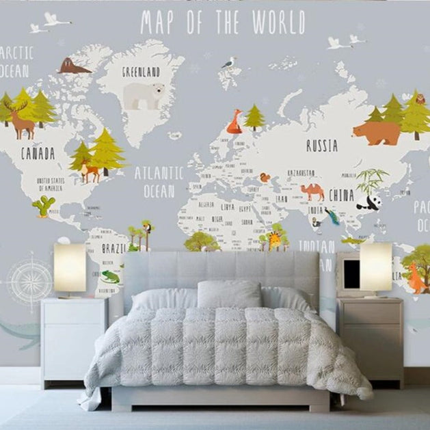 Dreamland Nursery Grey and White World Map Wallpaper-GraffitiWallArt