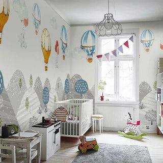 Elephants Hanging from Air Balloons: Kids Nursery Wallpaper-GraffitiWallArt