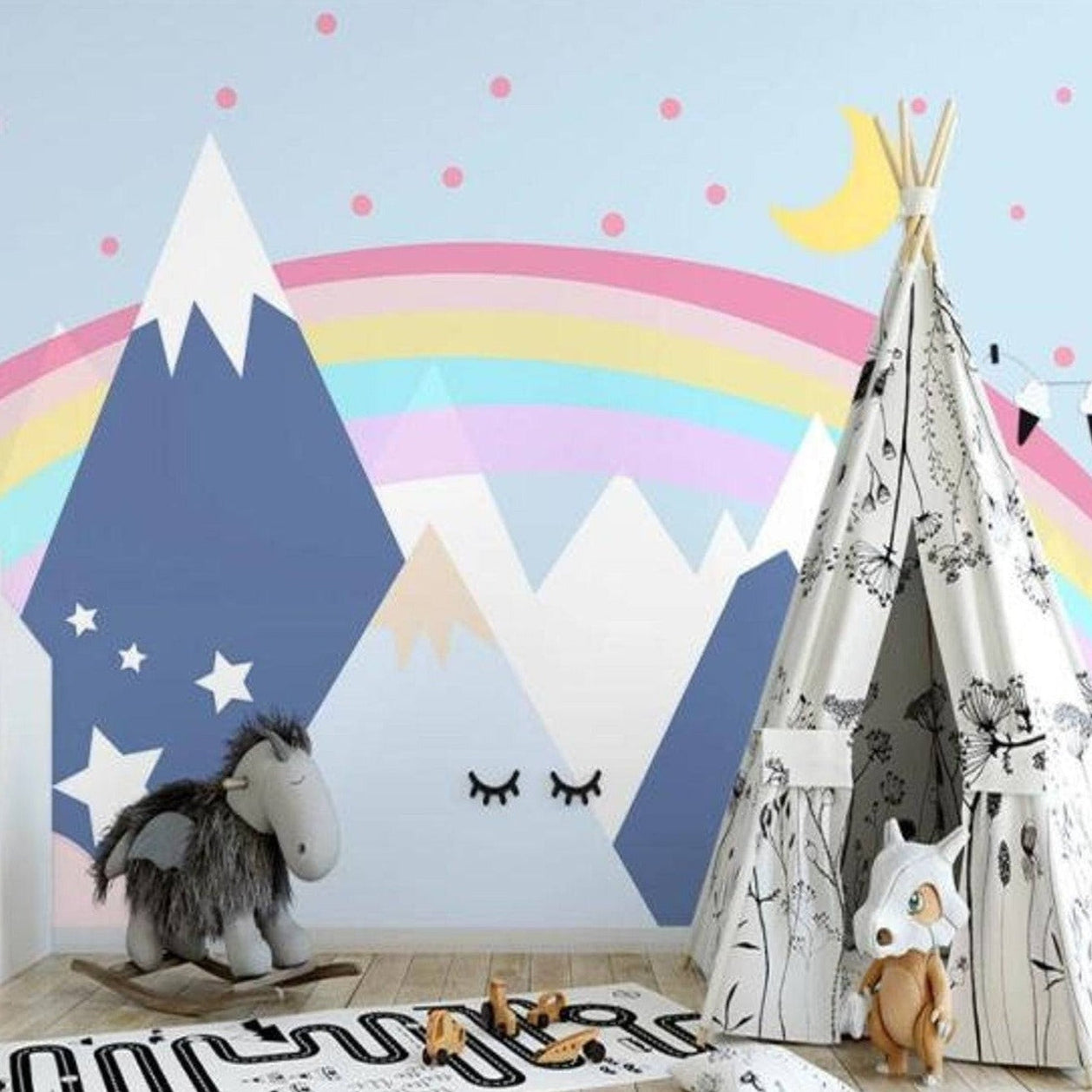 Enchanting Rainbow Peaks Baby Room Wallpaper-GraffitiWallArt