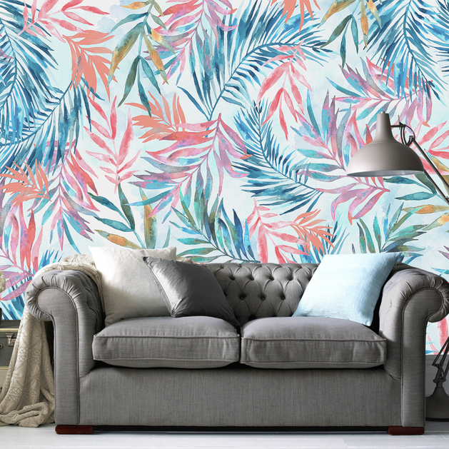 Exotic Watercolour Design Leaves Wallpaper Mural-GraffitiWallArt