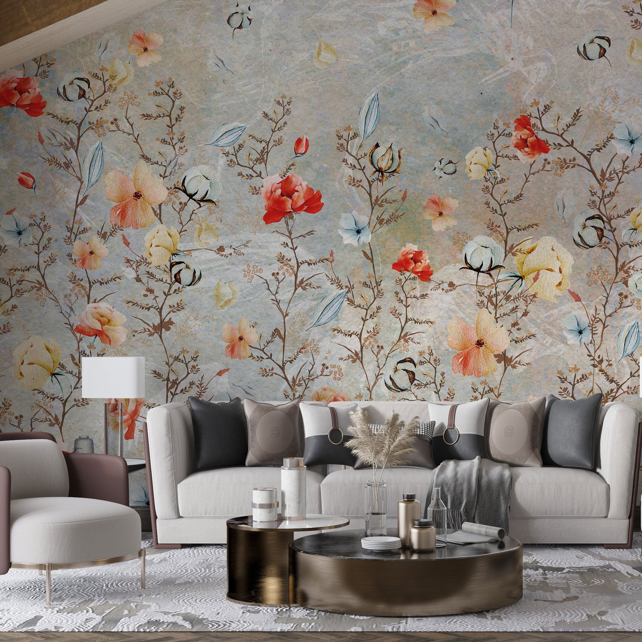 Floral Elegance: Living Room Wallpaper Mural-GraffitiWallArt