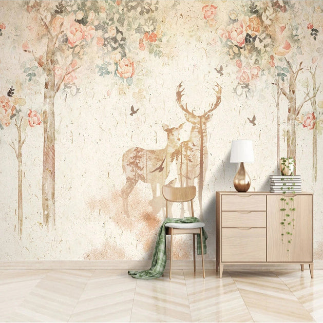 Floral Meadow with Deer - Nature-Inspired Wallpaper-GraffitiWallArt