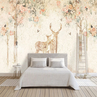 Floral Meadow with Deer - Nature-Inspired Wallpaper-GraffitiWallArt