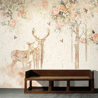 Floral Meadow with Deer - Nature-Inspired Wallpaper-GraffitiWallArt