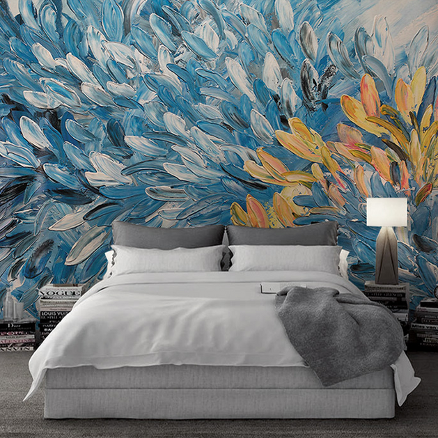 Floral Painting Blue & Gold Wallpaper Murals-GraffitiWallArt