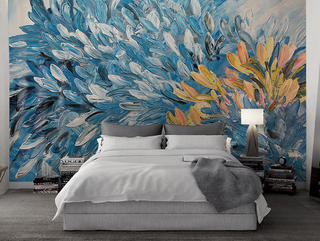 Floral Painting Blue & Gold Wallpaper Murals-GraffitiWallArt