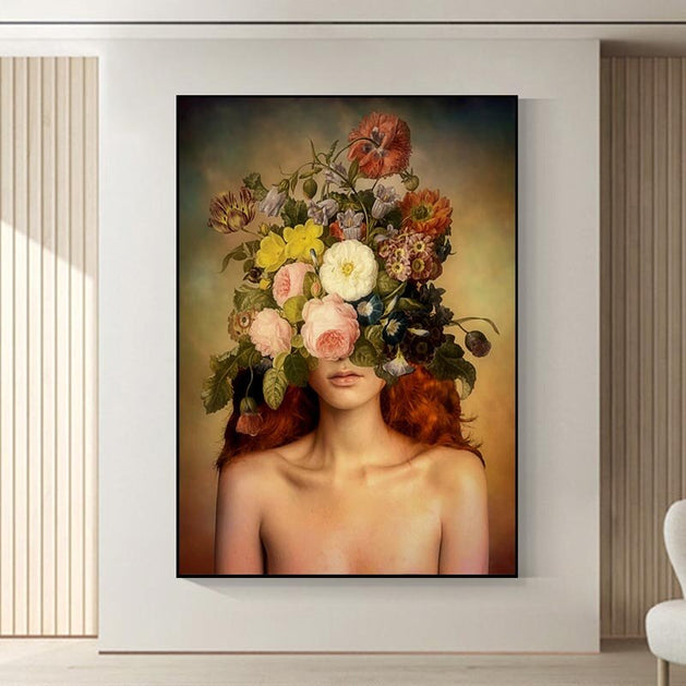 Flower Woman Head Canvas Wall Art-GraffitiWallArt