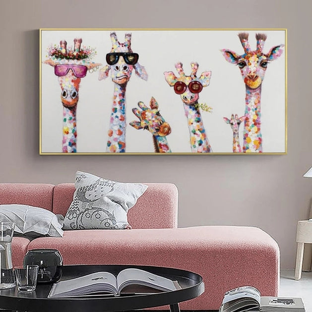 Funny Art Giraffe Family Canvas Wall Art-GraffitiWallArt