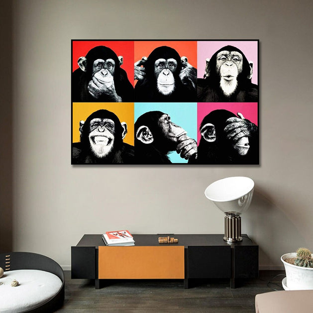 Funny Six Monkeys Abstract Canvas Art-GraffitiWallArt