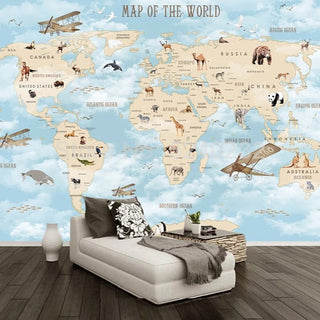 GeoExplorers: Interactive Blue Theme World Map Wallpaper for Kids-GraffitiWallArt