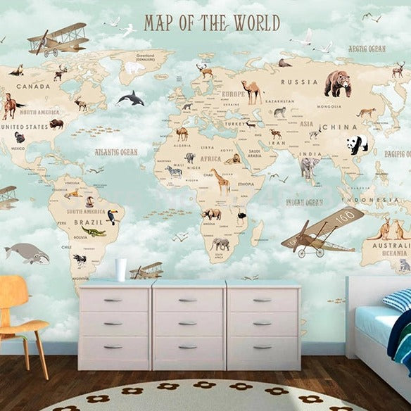 GeoExplorers: Interactive Green Theme World Map Wallpaper for Kids-GraffitiWallArt