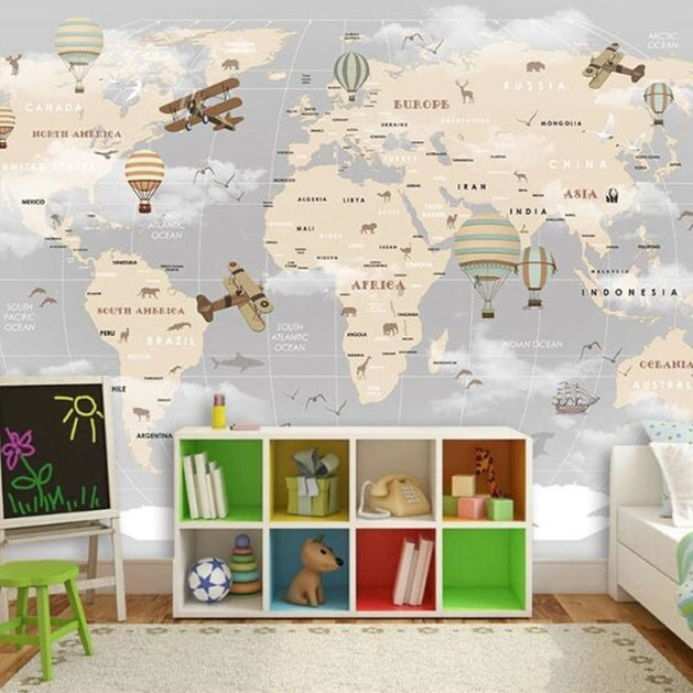 GeoExplorers: Interactive Greyish Theme World Map Wallpaper for Kids-GraffitiWallArt