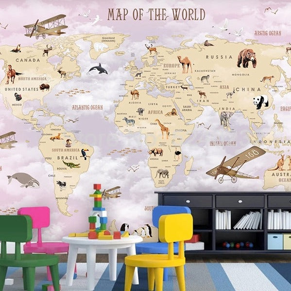 GeoExplorers: Interactive Purple Theme World Map Wallpaper for Kids - GraffitiWallArt
