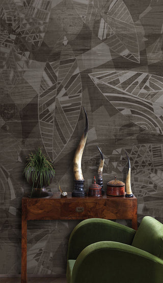 Geometric Dark Leaves Wallpaper Mural-GraffitiWallArt