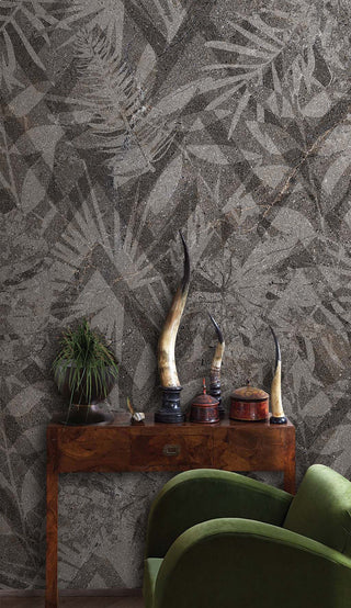 Geometric Gray Leaves Wallpaper Mural-GraffitiWallArt