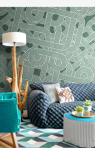 Geometric Green Waves Wallpaper Mural-GraffitiWallArt