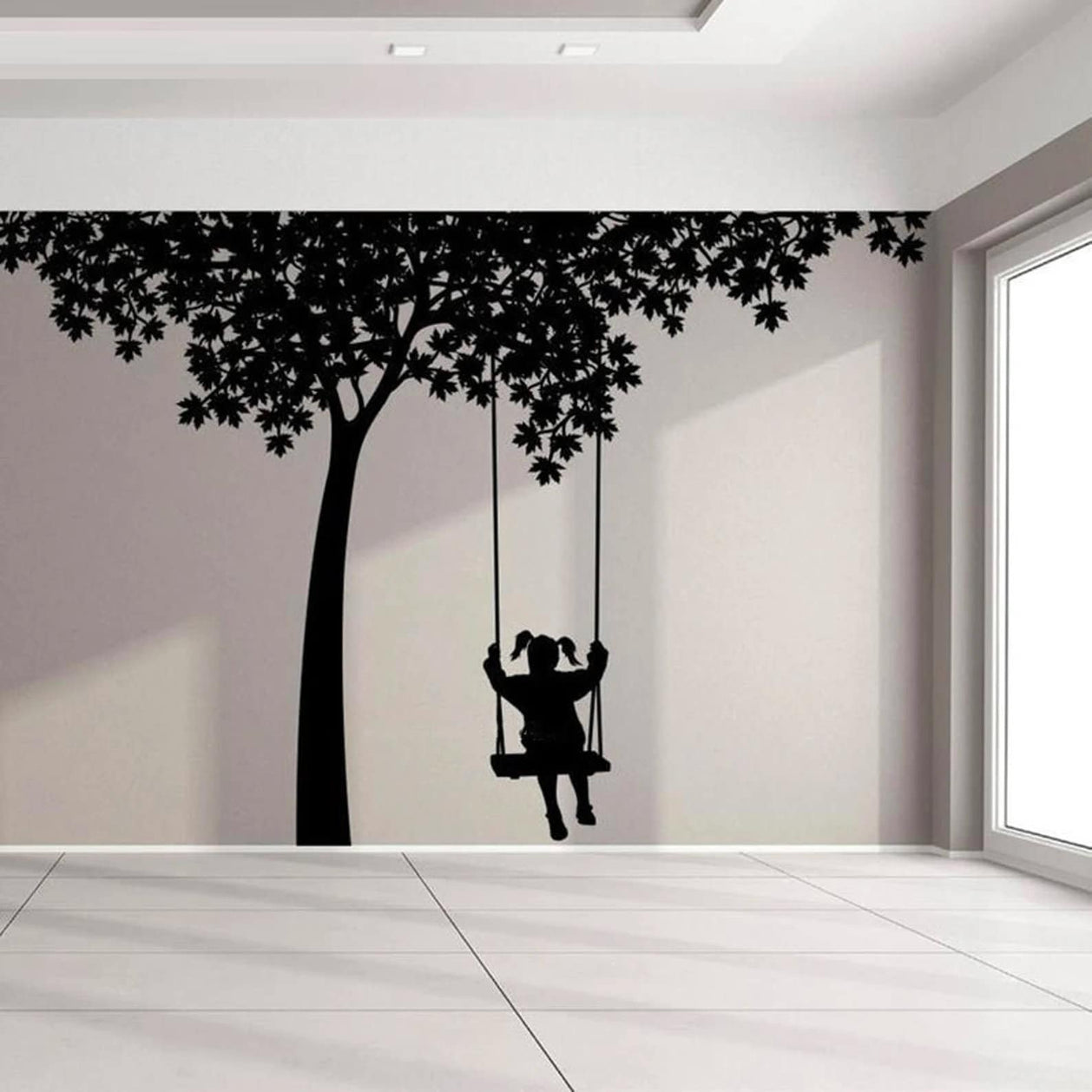 Girl on Swing Tree Wall Decal: Charming Design-GraffitiWallArt