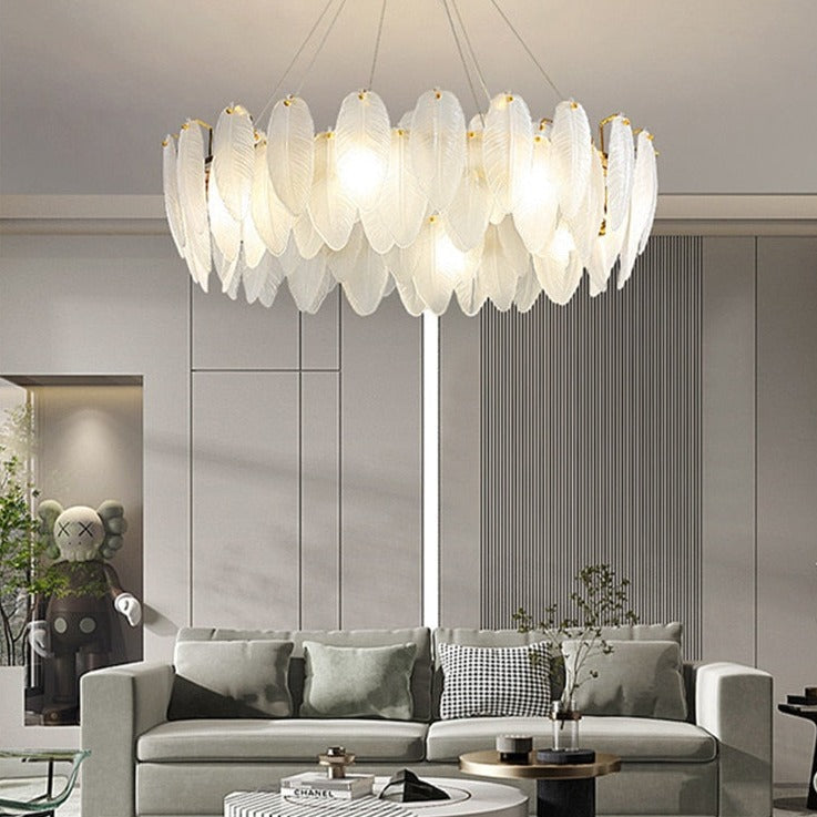 Glass Feather Chandelier: Elegant Lighting Fixture-GraffitiWallArt